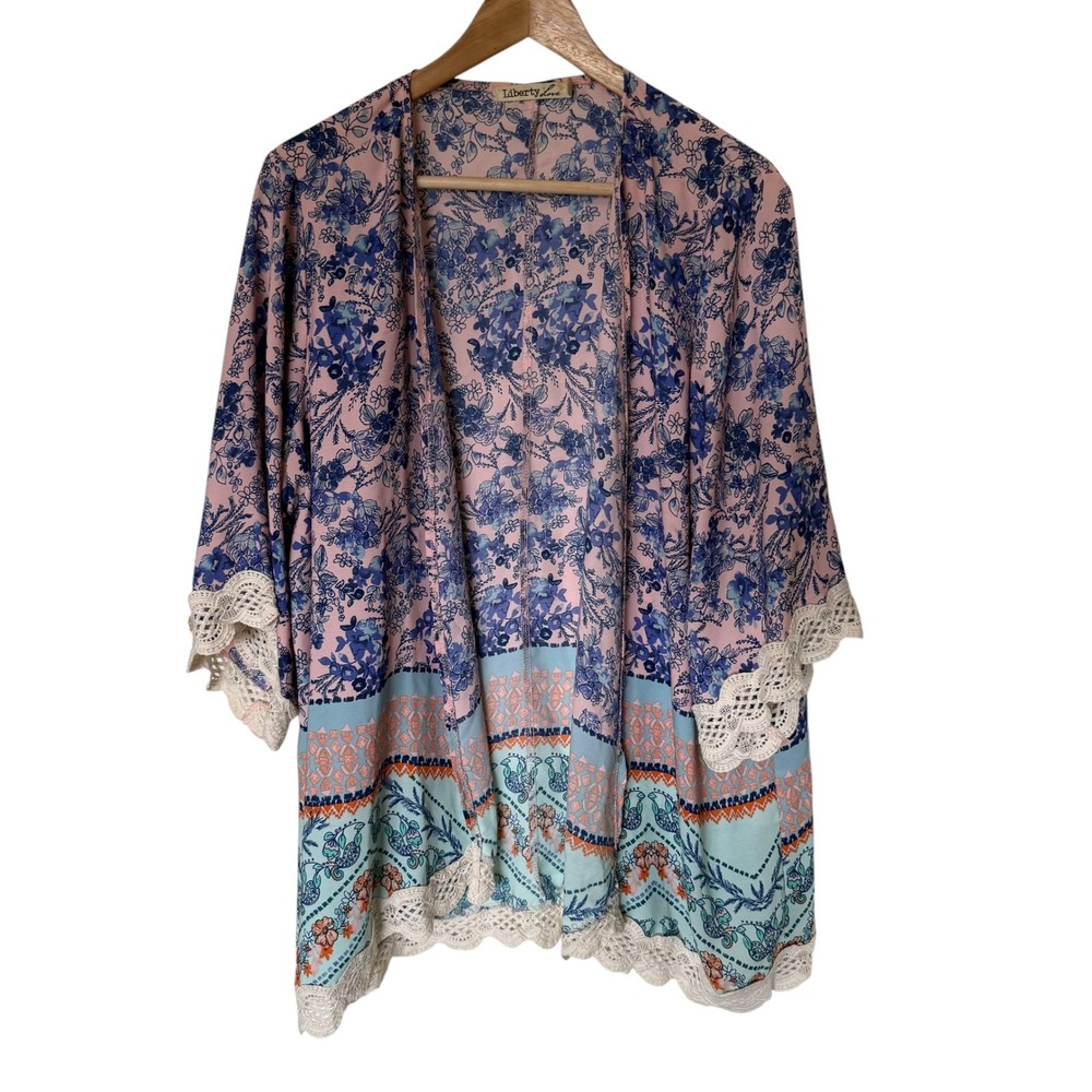 Liberty Love Kimono‎ Women 1XL Pink Blue Floral Crochet Lace Trim Excellent Boho